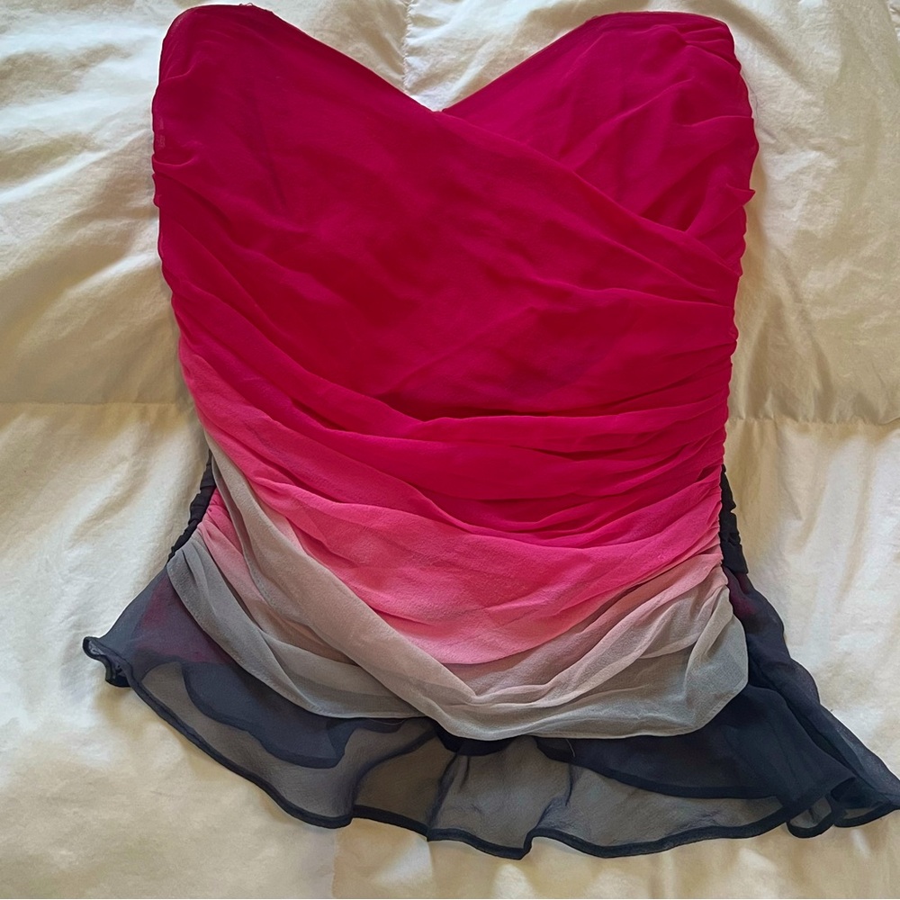Strapless Ombre Ruffled Chiffon Top - Hot Pink to Black